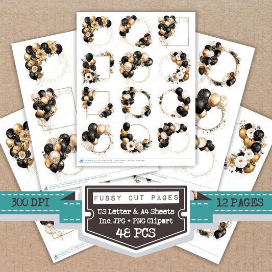 Black and Gold Balloon Border fussy cut printable sheets for junk journaling, scrapbooking, and paper craft projects