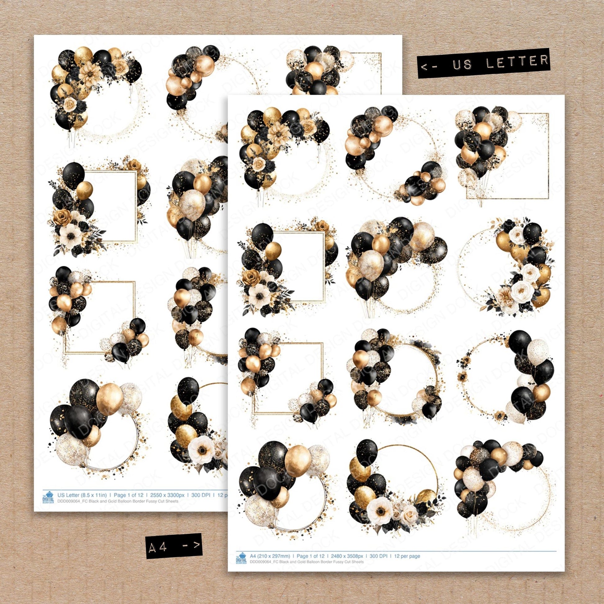 A4 and US Letter format comparison showing Black and Gold Balloon Border fussy cut pages for print and cut crafting