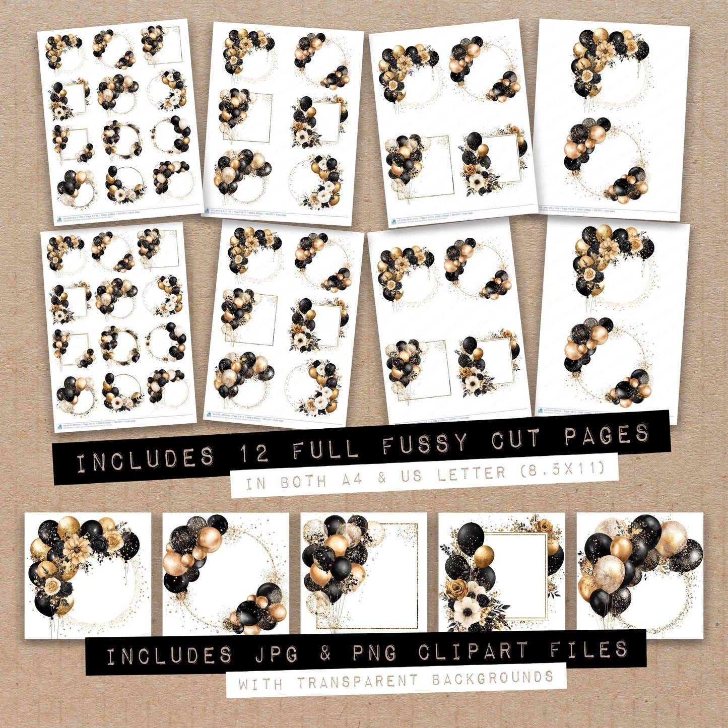 Full collection view of Black and Gold Balloon Border fussy cut sheets with bonus clipart JPG and PNG files