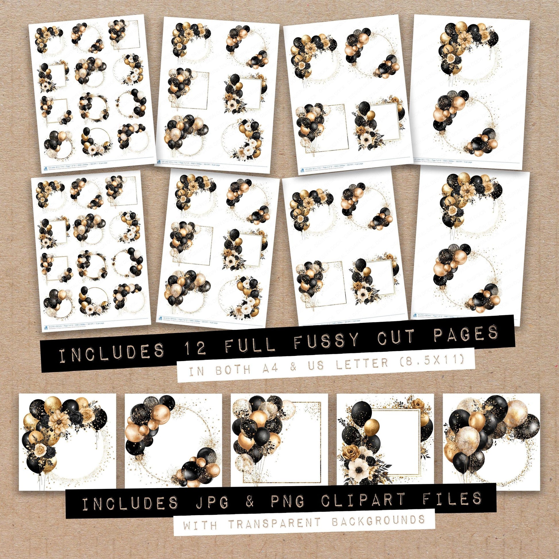 Full collection view of Black and Gold Balloon Border fussy cut sheets with bonus clipart JPG and PNG files