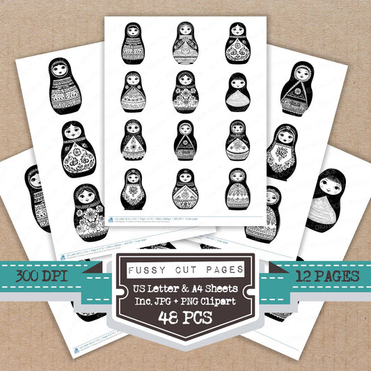 Black and White Matryoshka Doll fussy cut printable sheets for junk journaling, scrapbooking, and paper craft projects