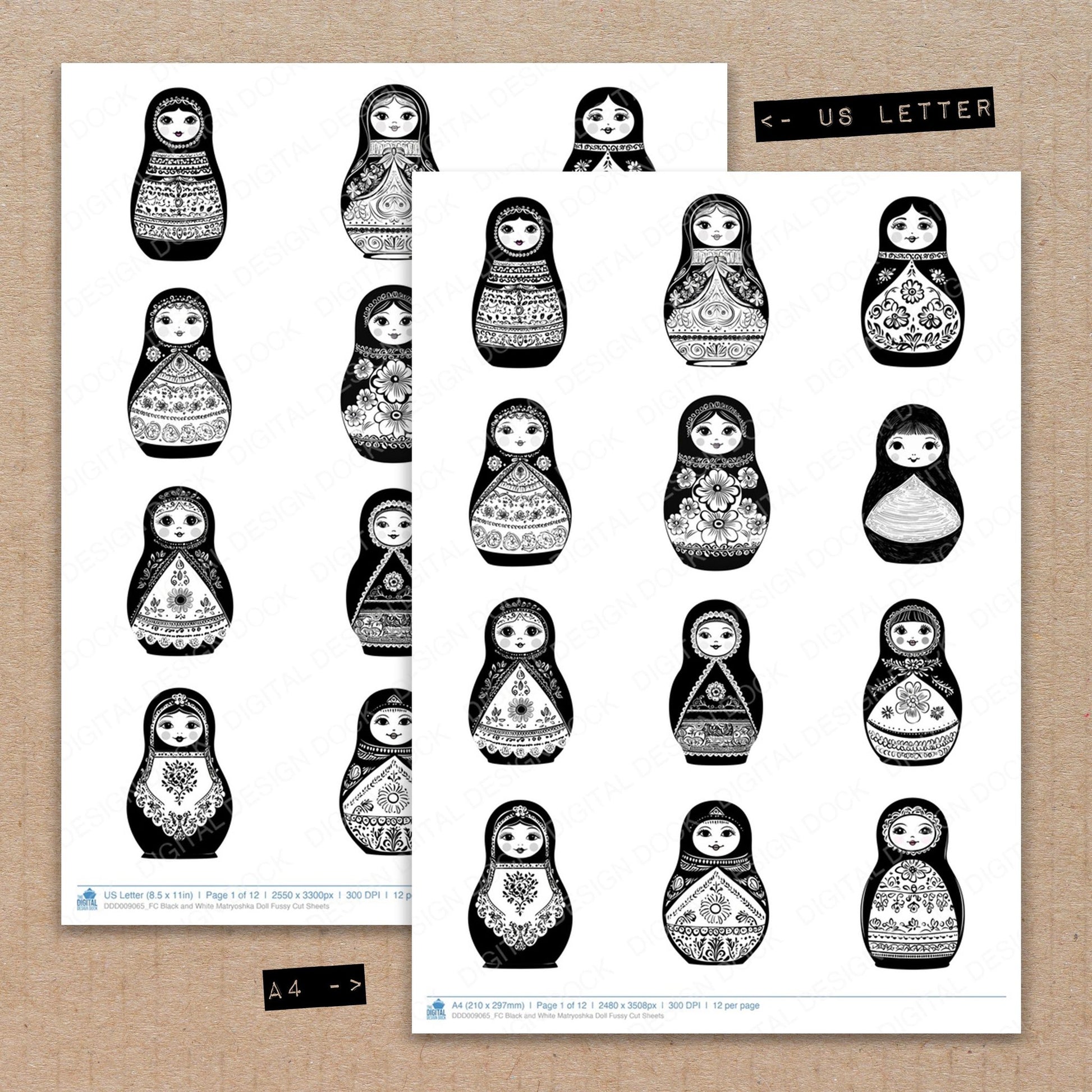 A4 and US Letter format comparison showing Black and White Matryoshka Doll fussy cut pages for print and cut crafting