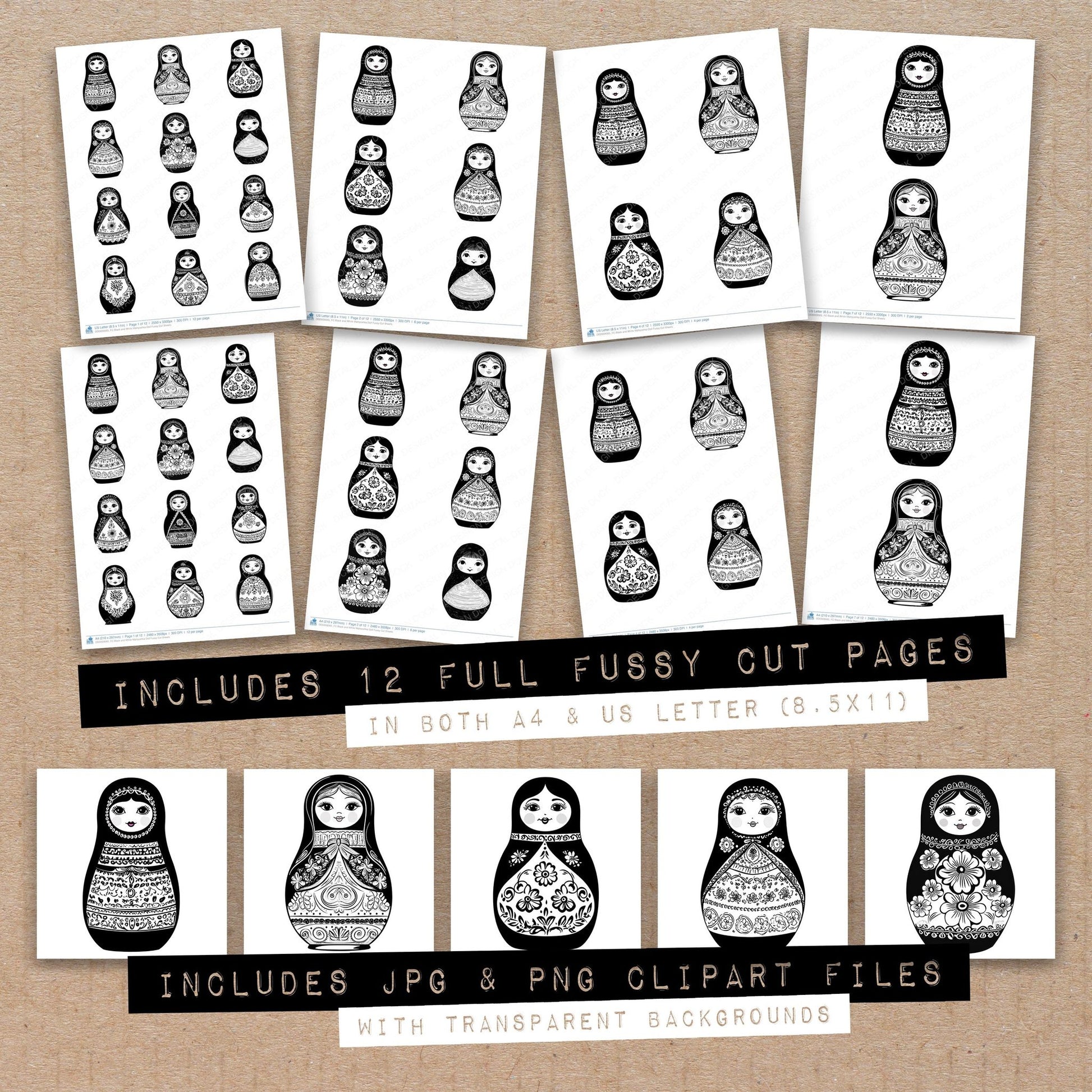 Full collection view of Black and White Matryoshka Doll fussy cut sheets with bonus clipart JPG and PNG files