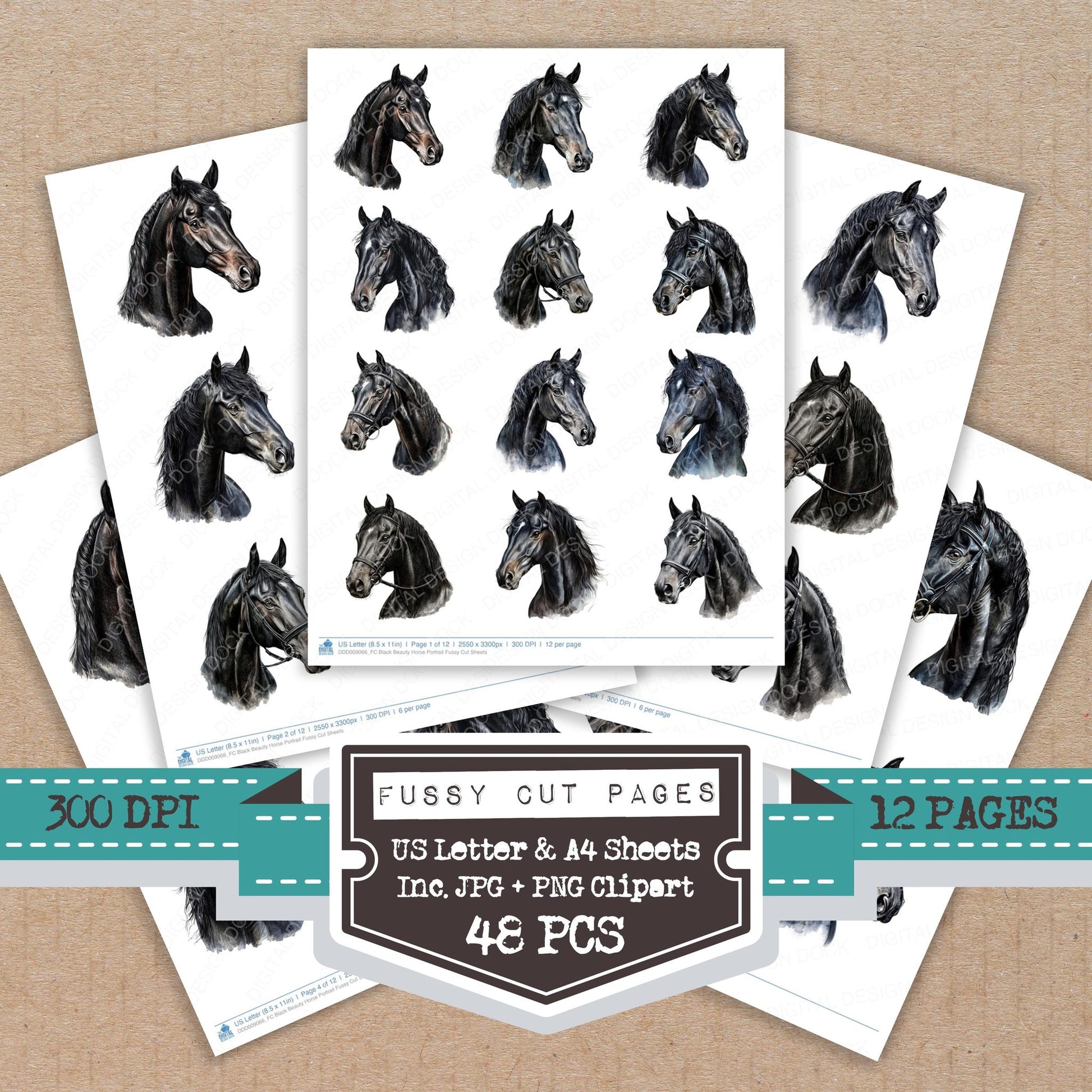 Black Beauty Horse Portrait fussy cut printable sheets for junk journaling, scrapbooking, and paper craft projects