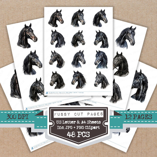 Black Beauty Horse Portrait fussy cut printable sheets for junk journaling, scrapbooking, and paper craft projects
