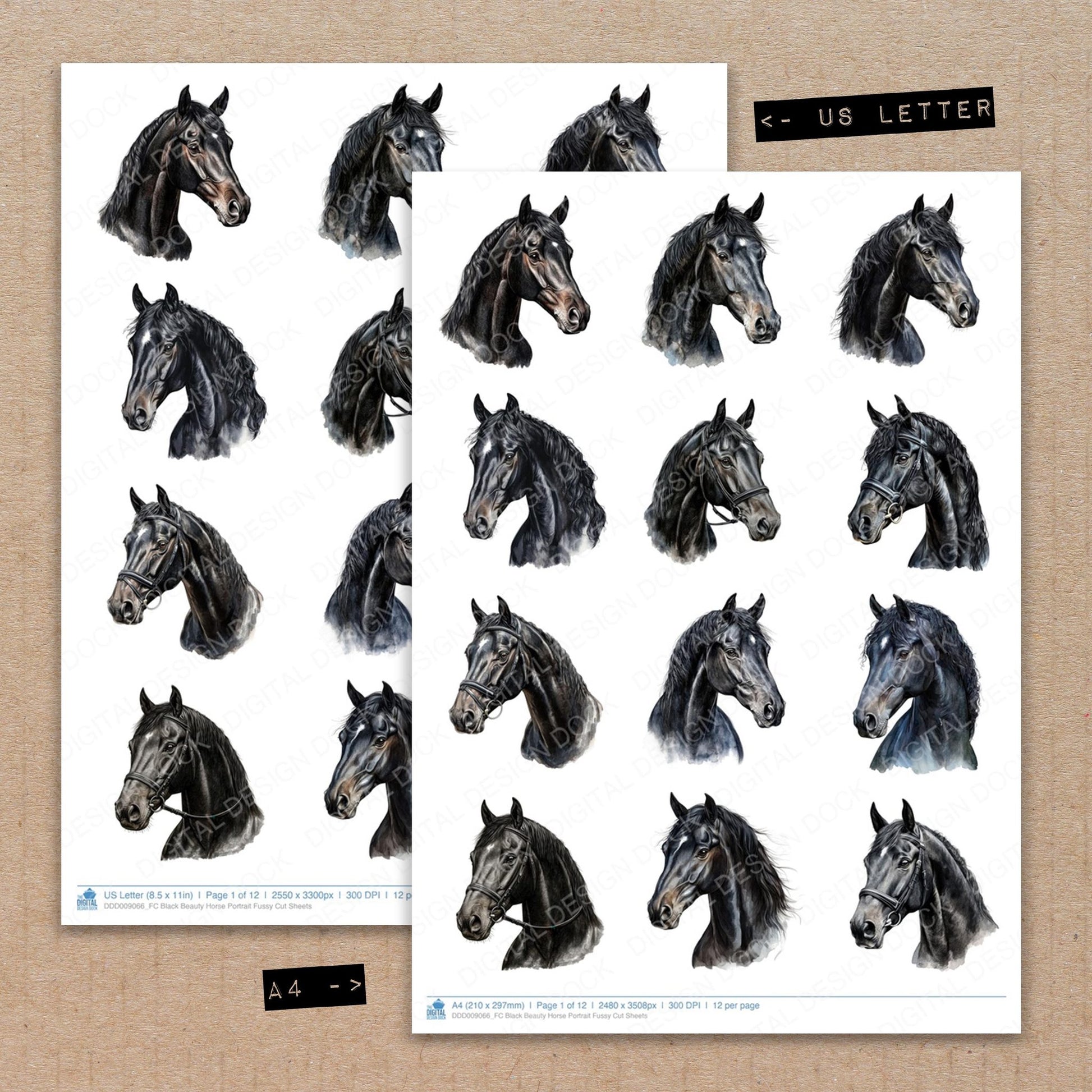 A4 and US Letter format comparison showing Black Beauty Horse Portrait fussy cut pages for print and cut crafting