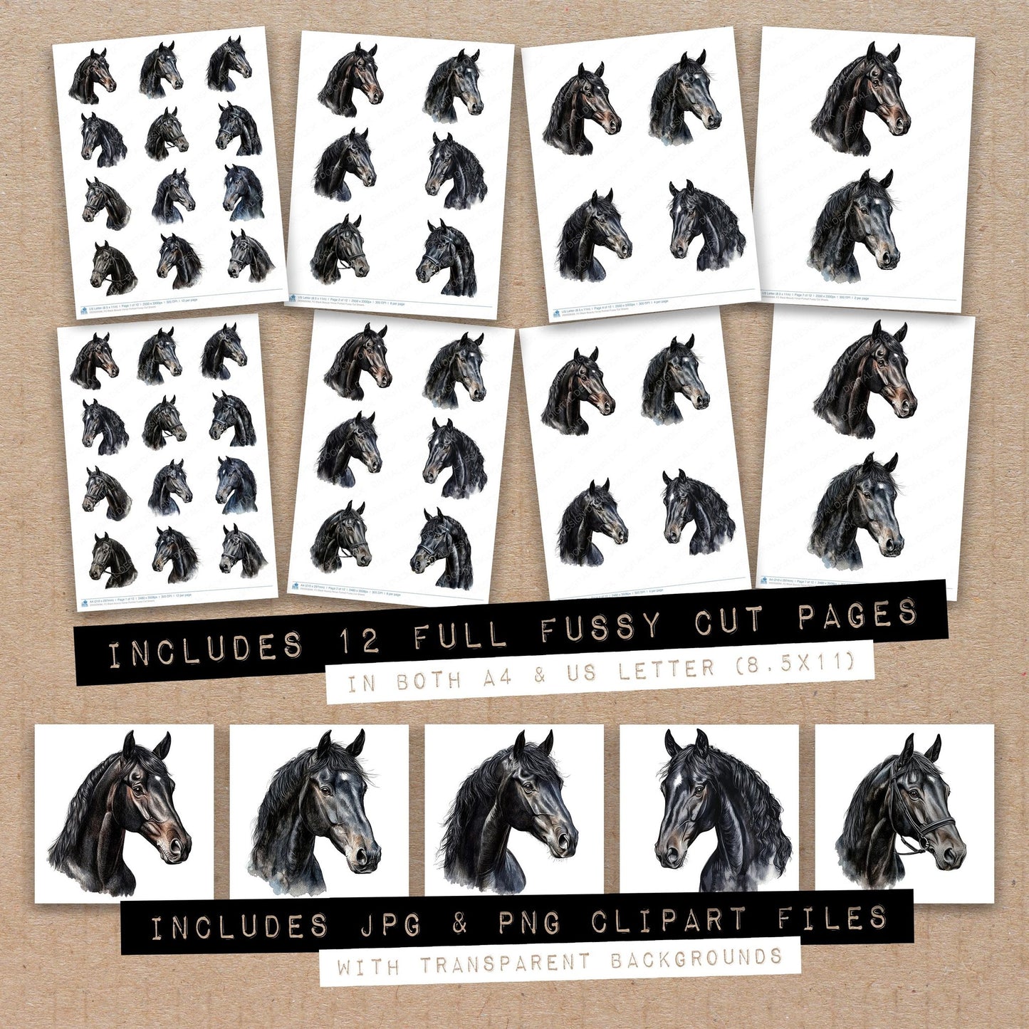 Full collection view of Black Beauty Horse Portrait fussy cut sheets with bonus clipart JPG and PNG files