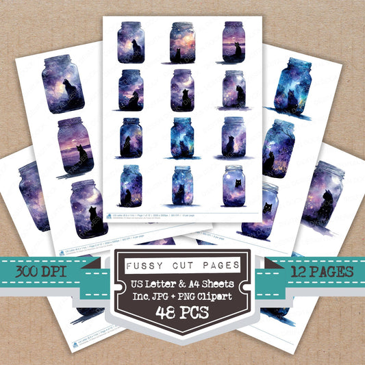 Black Cat Halloween Jar fussy cut printable sheets for junk journaling, scrapbooking, and paper craft projects