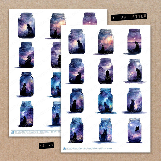 A4 and US Letter format comparison showing Black Cat Halloween Jar fussy cut pages for print and cut crafting