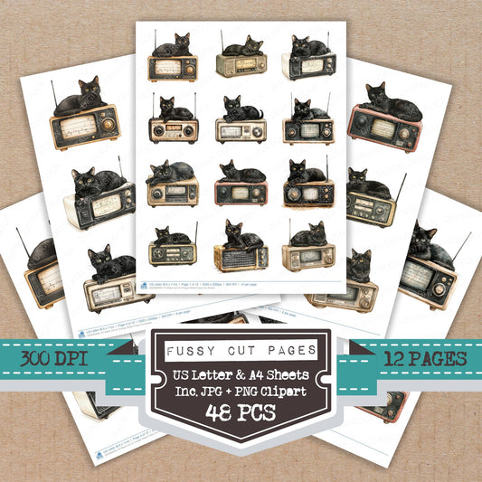 Black Cat on Vintage Radio fussy cut printable sheets for junk journaling, scrapbooking, and paper craft projects