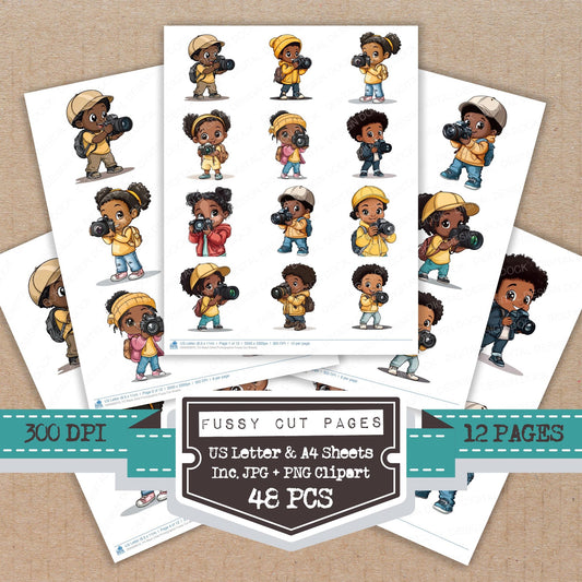 Black Child Photographer fussy cut printable sheets for junk journaling, scrapbooking, and paper craft projects