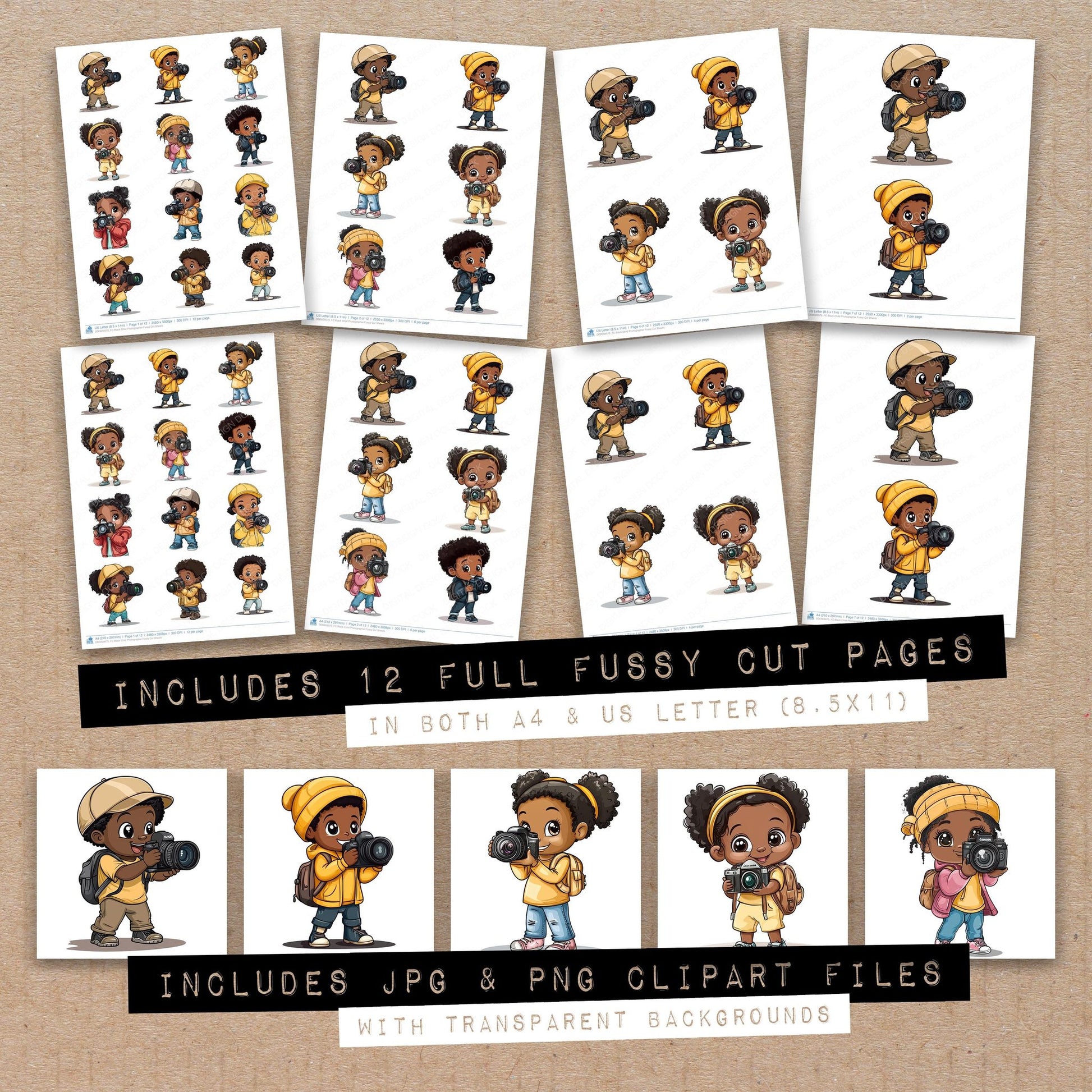 Full collection view of Black Child Photographer fussy cut sheets with bonus clipart JPG and PNG files
