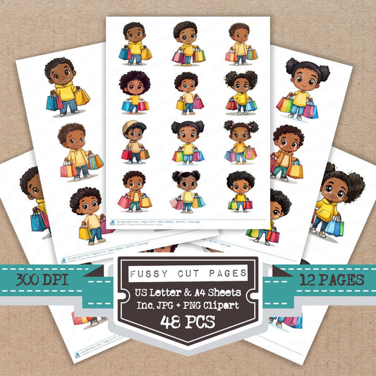 Black Child Shopping fussy cut printable sheets for junk journaling, scrapbooking, and paper craft projects