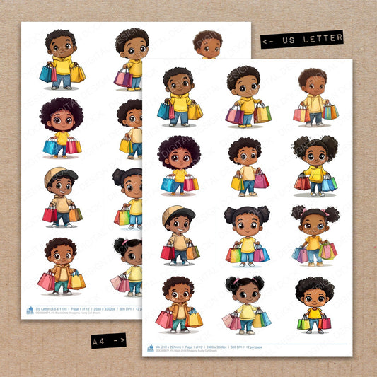 A4 and US Letter format comparison showing Black Child Shopping fussy cut pages for print and cut crafting