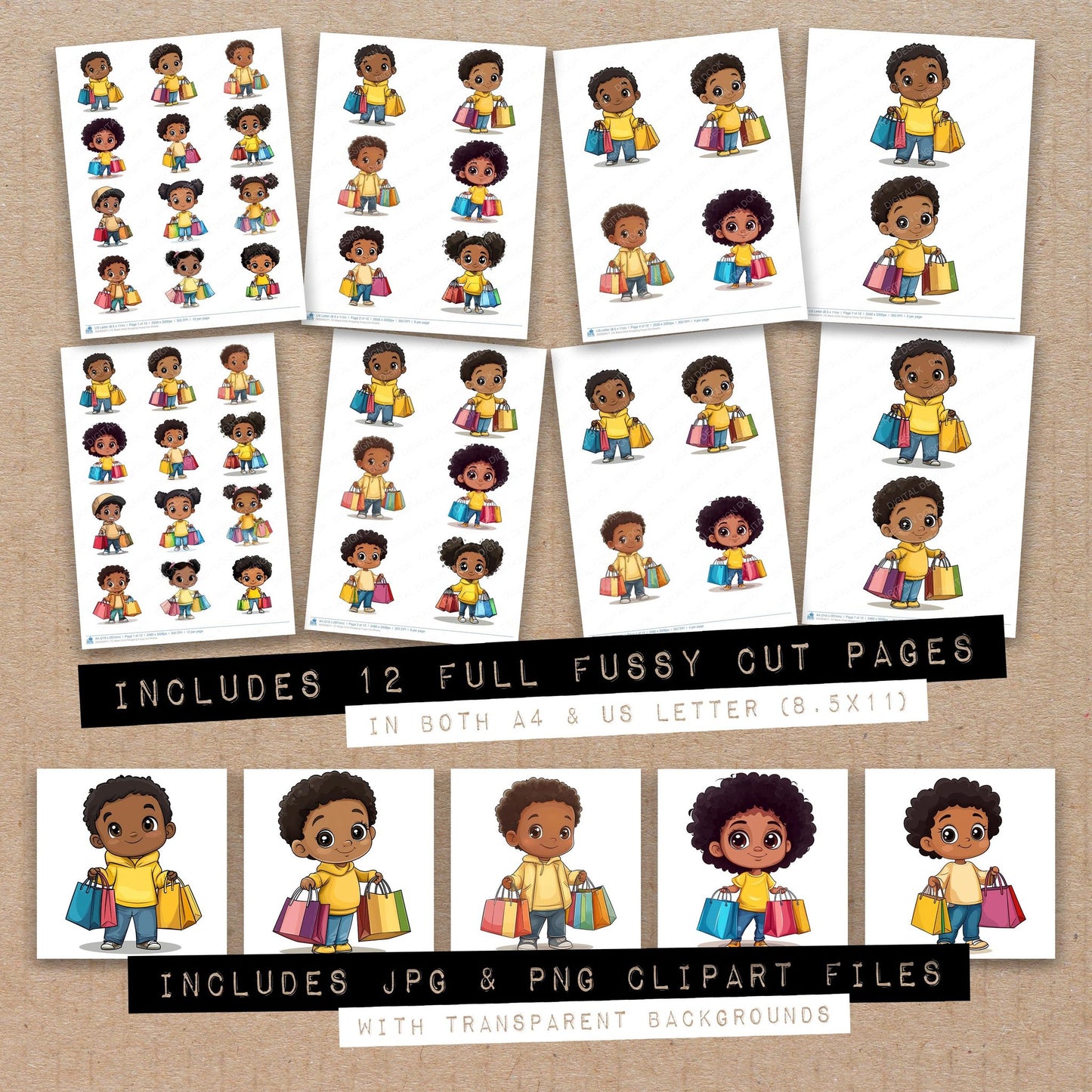 Full collection view of Black Child Shopping fussy cut sheets with bonus clipart JPG and PNG files