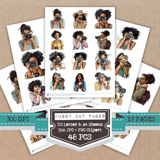 Black Female Photographer fussy cut printable sheets for junk journaling, scrapbooking, and paper craft projects