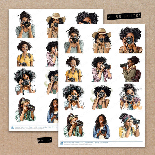 A4 and US Letter format comparison showing Black Female Photographer fussy cut pages for print and cut crafting