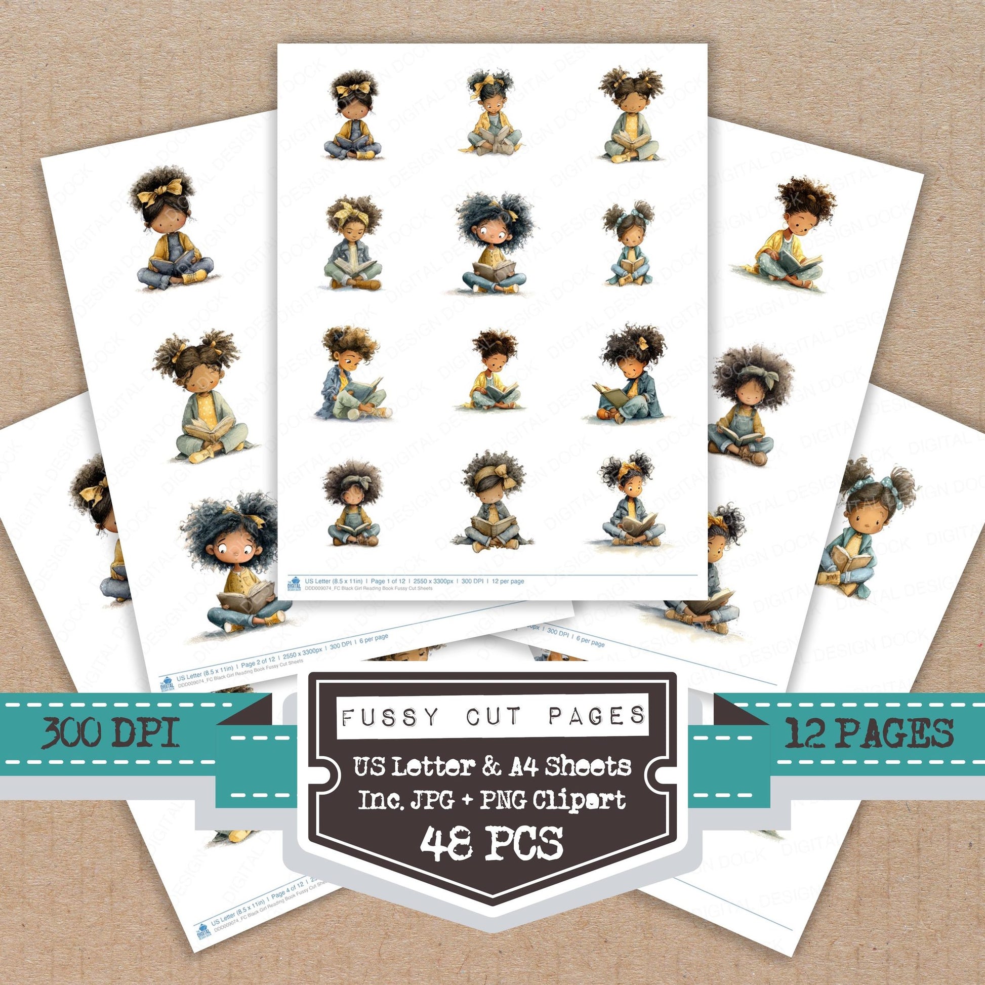 Black Girl Reading Book fussy cut printable sheets for junk journaling, scrapbooking, and paper craft projects