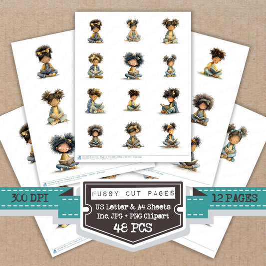 Black Girl Reading Book fussy cut printable sheets for junk journaling, scrapbooking, and paper craft projects