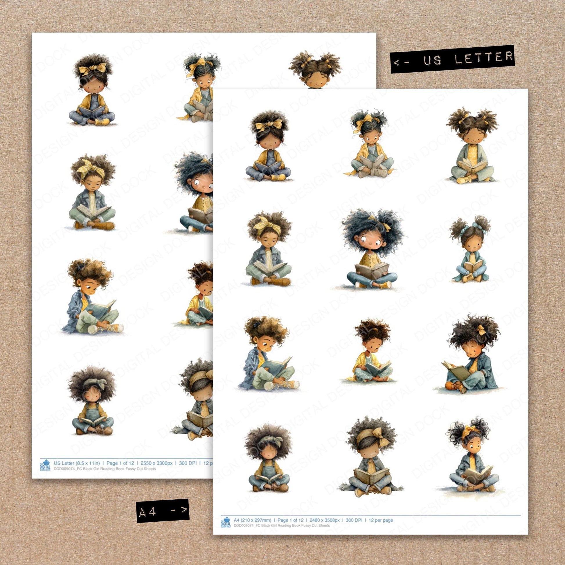 A4 and US Letter format comparison showing Black Girl Reading Book fussy cut pages for print and cut crafting