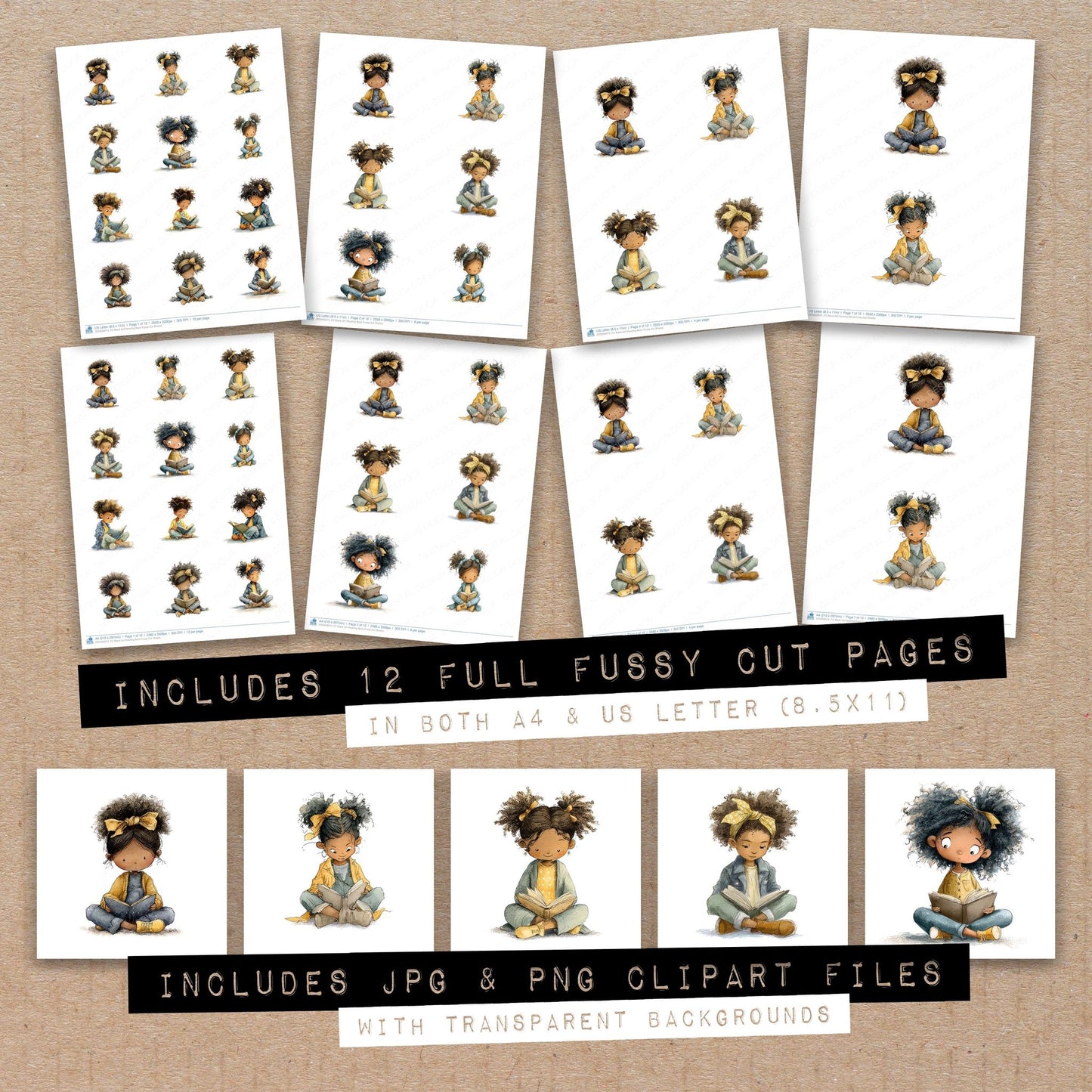 Full collection view of Black Girl Reading Book fussy cut sheets with bonus clipart JPG and PNG files