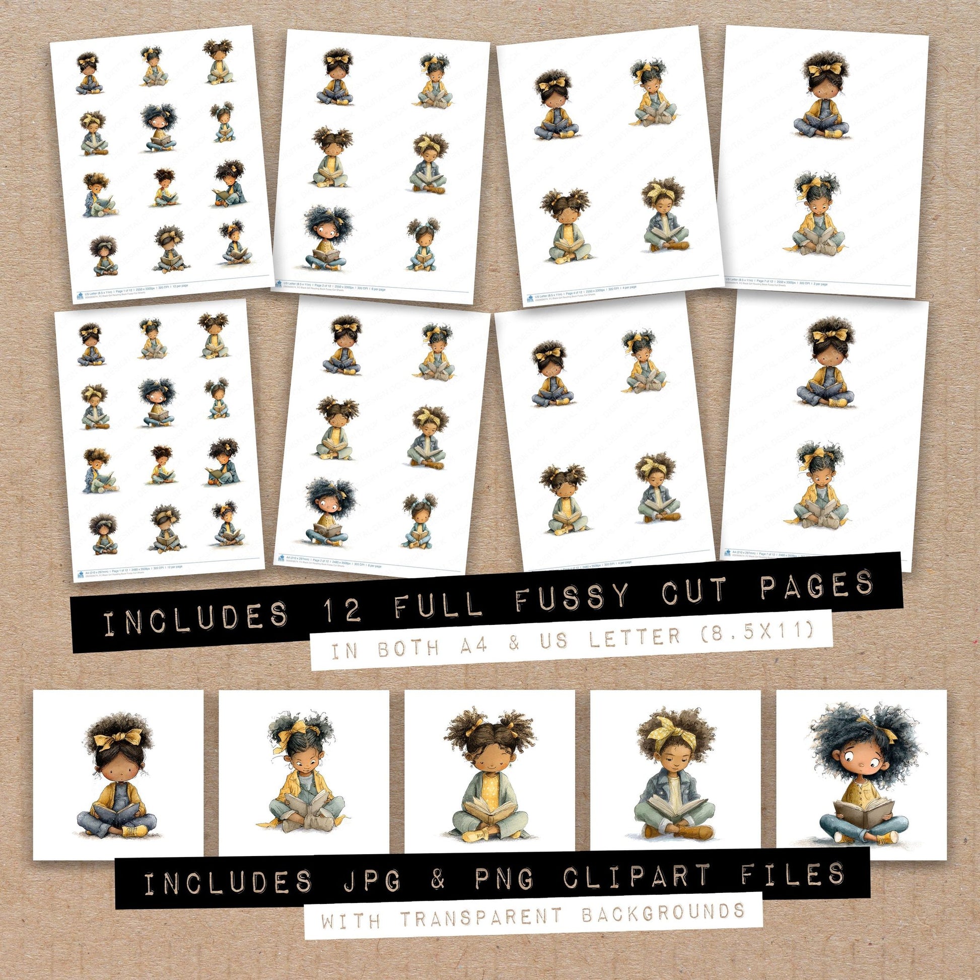 Full collection view of Black Girl Reading Book fussy cut sheets with bonus clipart JPG and PNG files