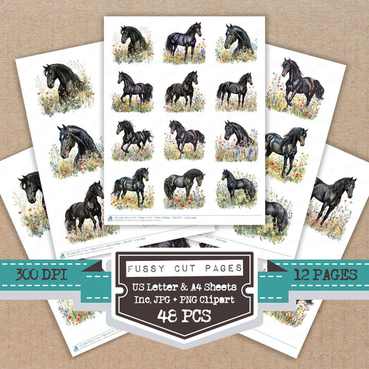 Black Horse in Meadow fussy cut printable sheets for junk journaling, scrapbooking, and paper craft projects