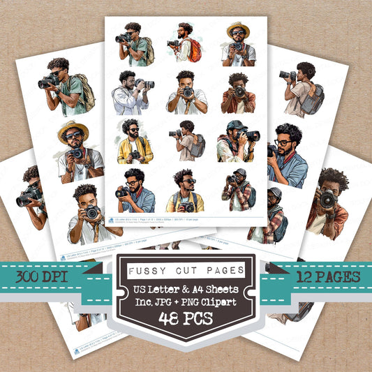 Black Male Photographer fussy cut printable sheets for junk journaling, scrapbooking, and paper craft projects