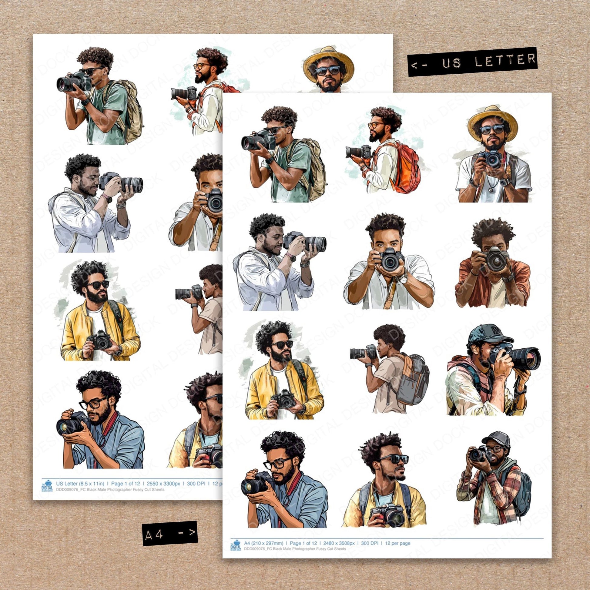 A4 and US Letter format comparison showing Black Male Photographer fussy cut pages for print and cut crafting