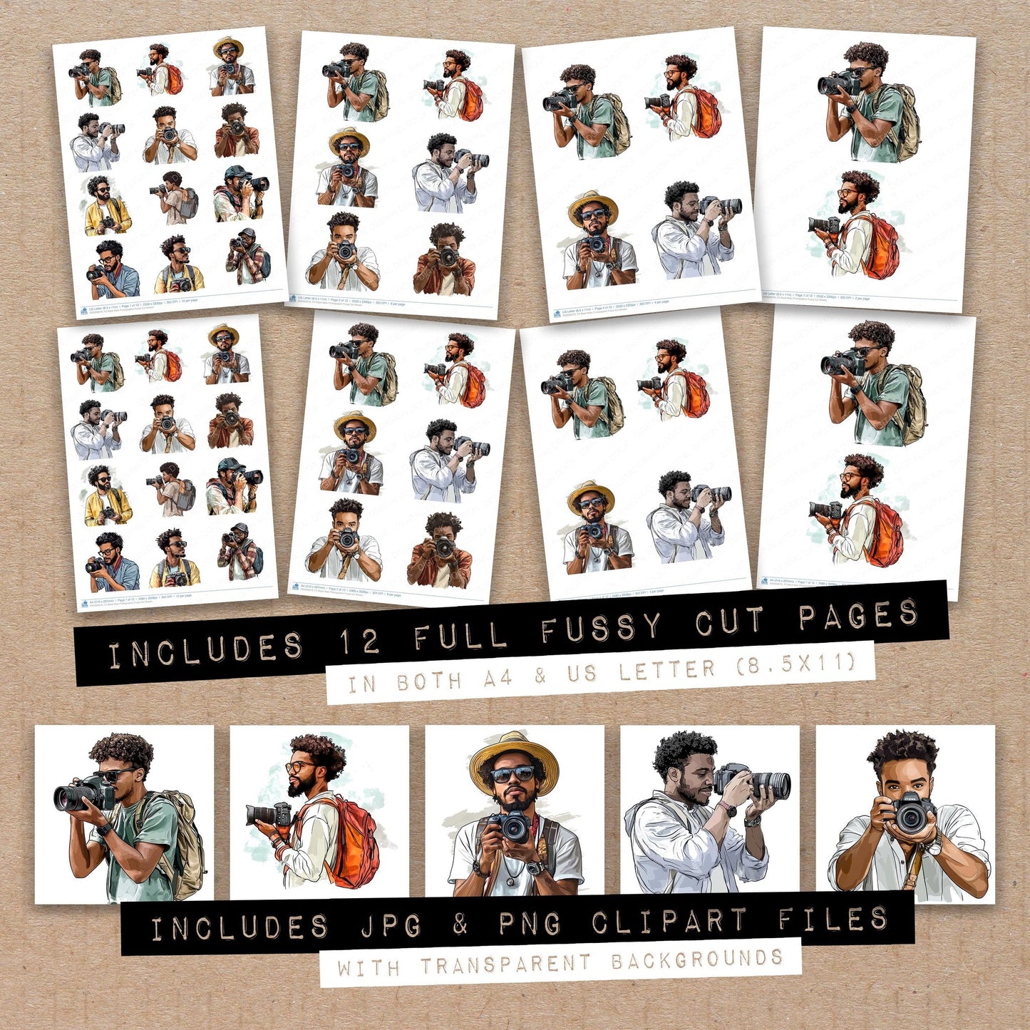 Full collection view of Black Male Photographer fussy cut sheets with bonus clipart JPG and PNG files