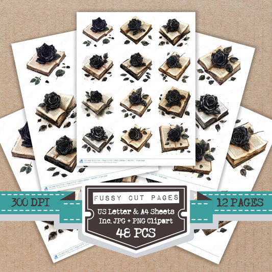 Black Rose on Book fussy cut printable sheets for junk journaling, scrapbooking, and paper craft projects
