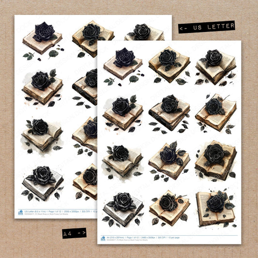 A4 and US Letter format comparison showing Black Rose on Book fussy cut pages for print and cut crafting