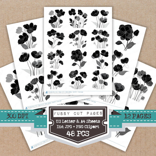 Black Silver Abstract Flowers fussy cut printable sheets for junk journaling, scrapbooking, and paper craft projects