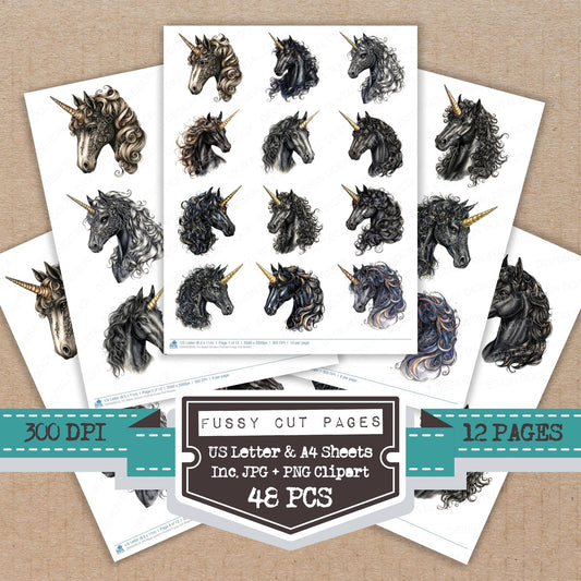 Black Unicorn Portrait fussy cut printable sheets for junk journaling, scrapbooking, and paper craft projects