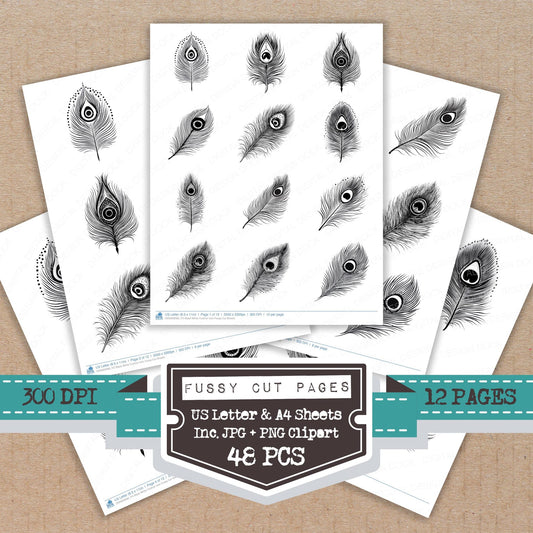 Black White Feather Icon fussy cut printable sheets for junk journaling, scrapbooking, and paper craft projects