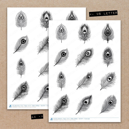 A4 and US Letter format comparison showing Black White Feather Icon fussy cut pages for print and cut crafting