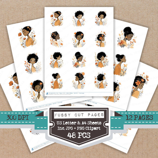 Black Woman Floral Line Art fussy cut printable sheets for junk journaling, scrapbooking, and paper craft projects