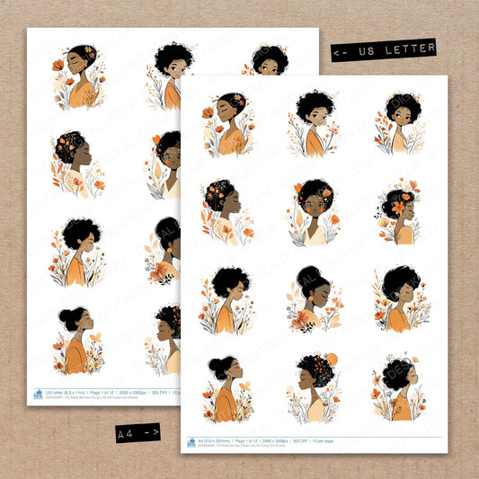 A4 and US Letter format comparison showing Black Woman Floral Line Art fussy cut pages for print and cut crafting