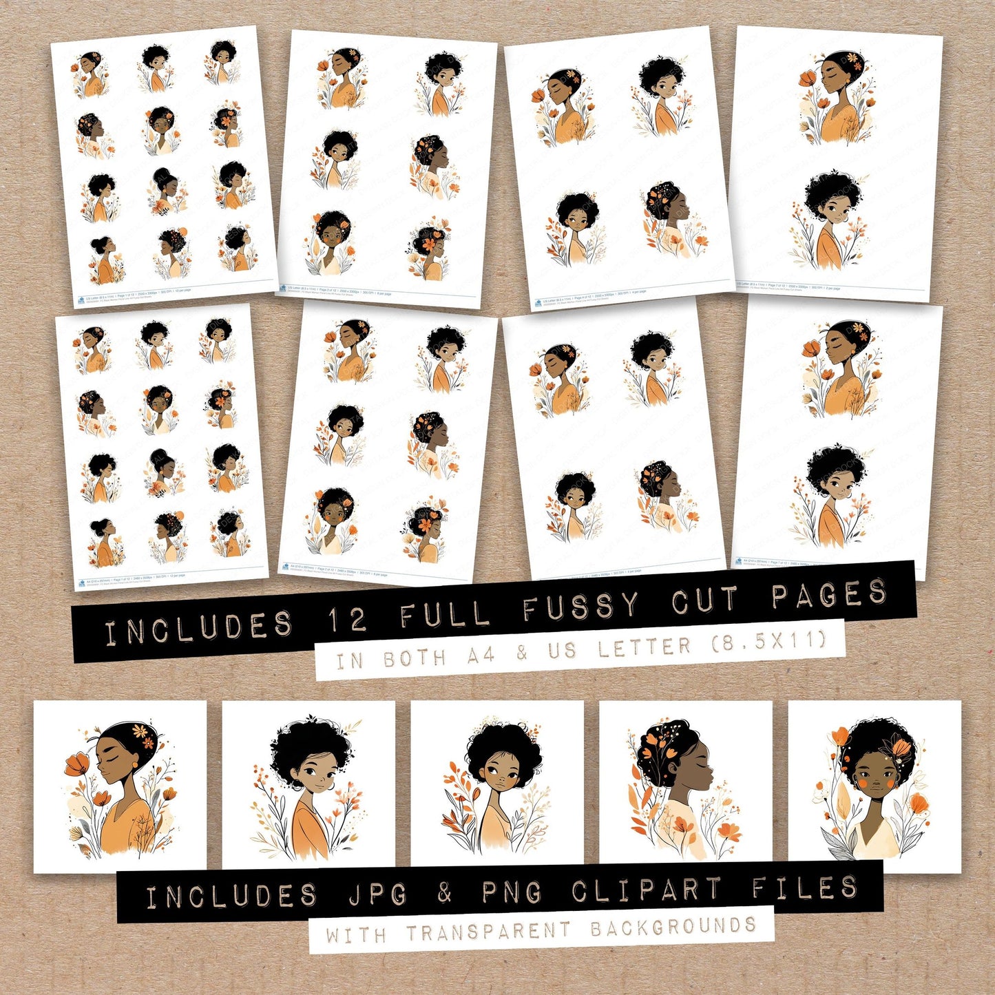 Full collection view of Black Woman Floral Line Art fussy cut sheets with bonus clipart JPG and PNG files