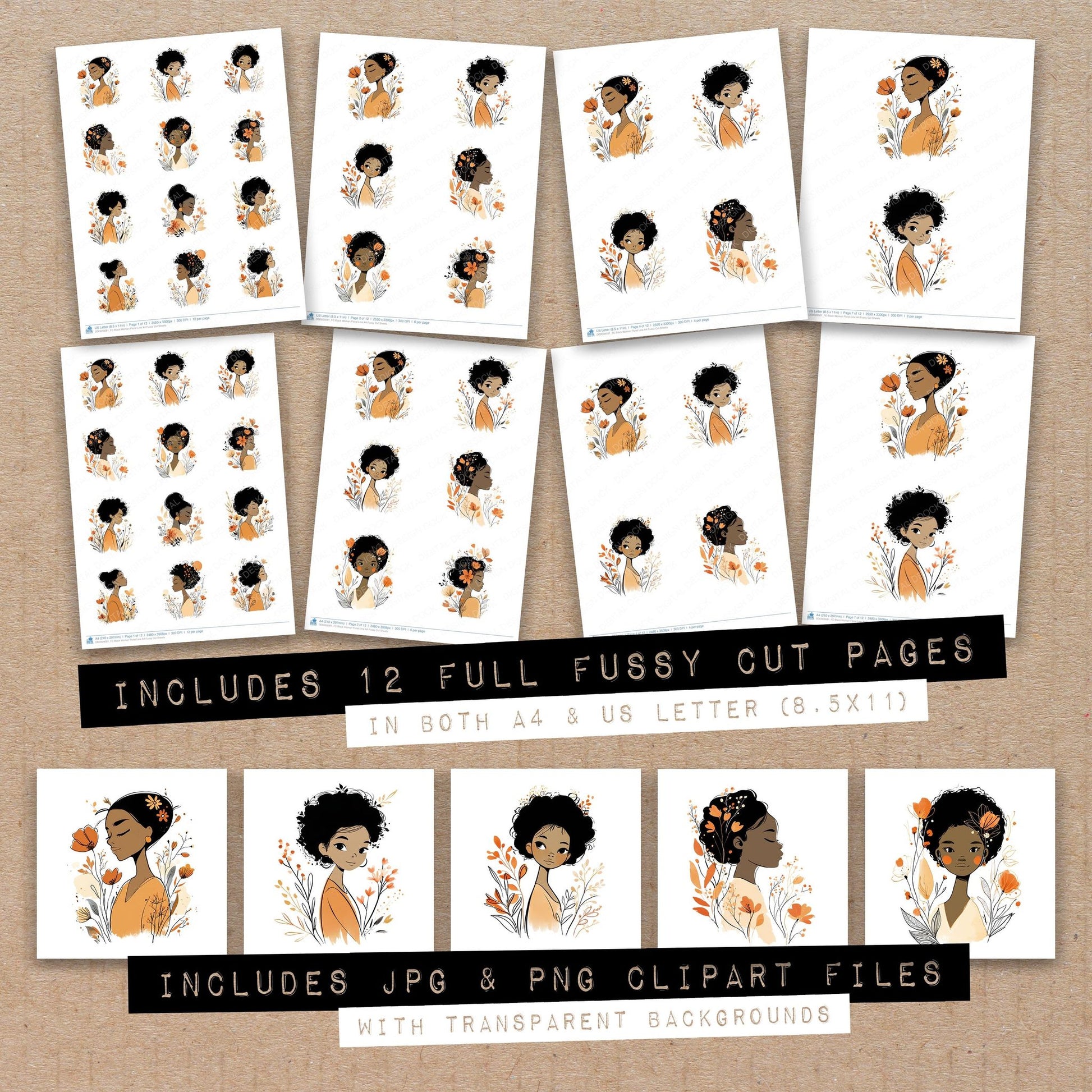 Full collection view of Black Woman Floral Line Art fussy cut sheets with bonus clipart JPG and PNG files