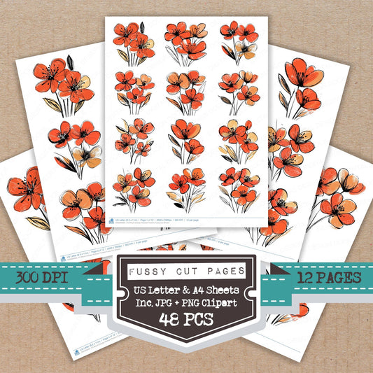 Blood Orange Abstract Flowers fussy cut printable sheets for junk journaling, scrapbooking, and paper craft projects