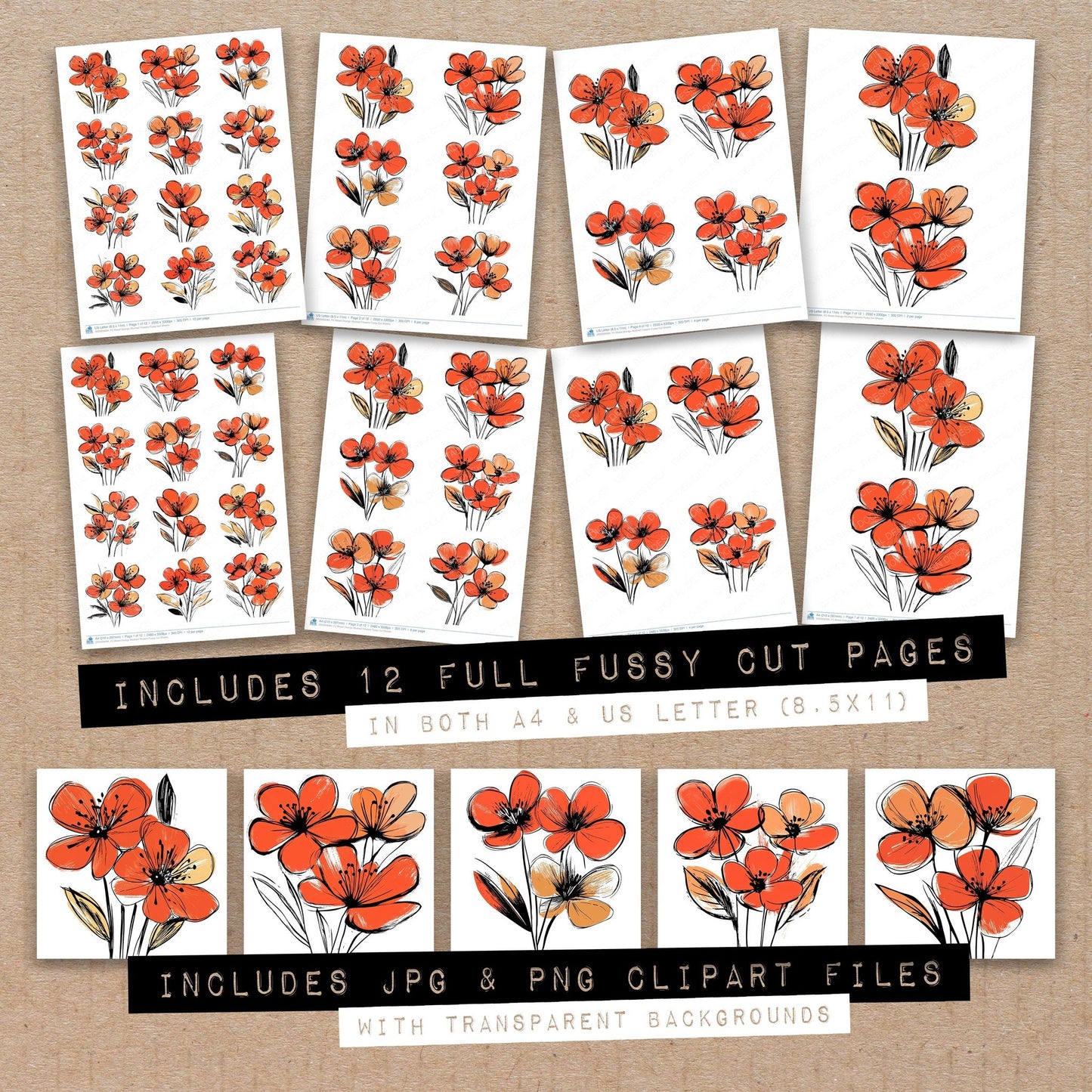Full collection view of Blood Orange Abstract Flowers fussy cut sheets with bonus clipart JPG and PNG files
