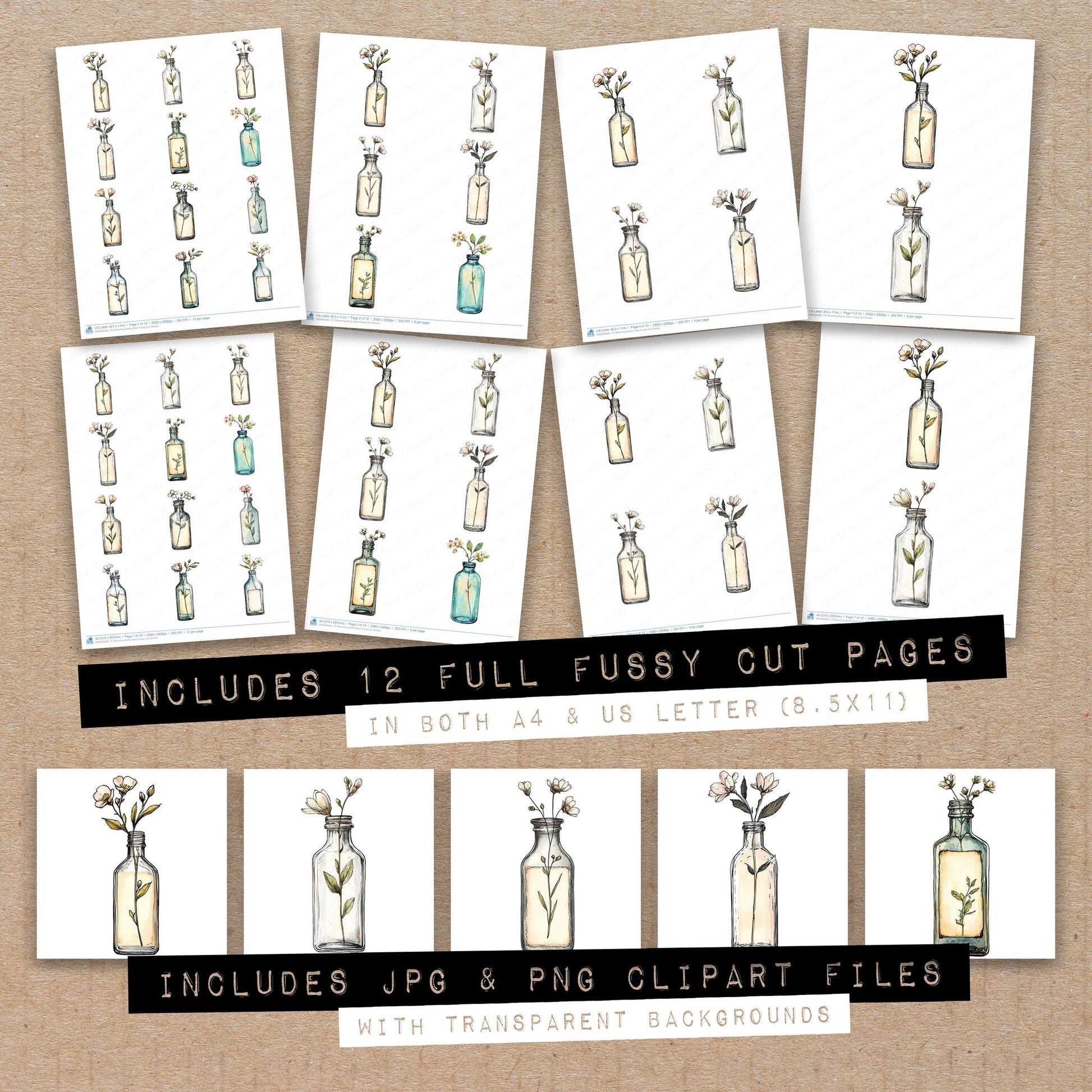Full collection view of Blooming Bottle Stem fussy cut sheets with bonus clipart JPG and PNG files