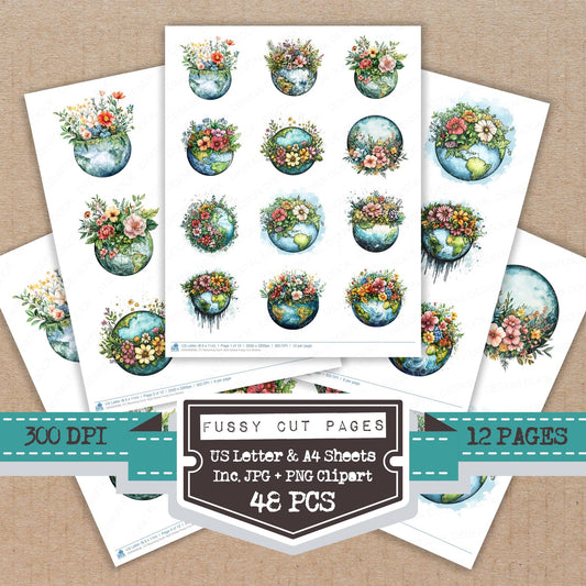 Blooming Earth Split Globe fussy cut printable sheets for junk journaling, scrapbooking, and paper craft projects