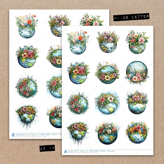 A4 and US Letter format comparison showing Blooming Earth Split Globe fussy cut pages for print and cut crafting
