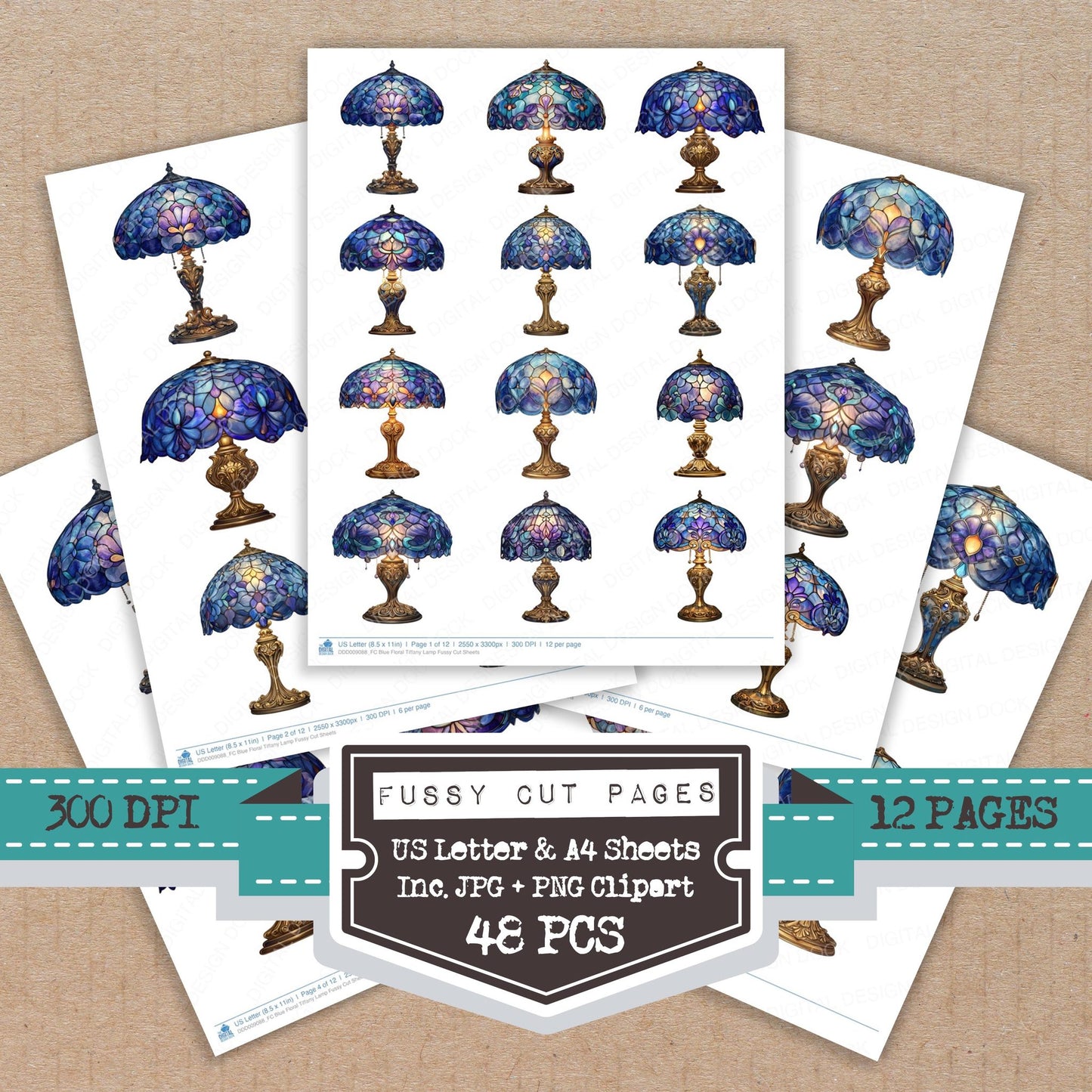 Blue Floral Tiffany Lamp fussy cut printable sheets for junk journaling, scrapbooking, and paper craft projects