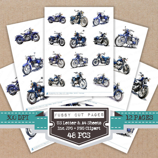 Blue Retro Motorcycle fussy cut printable sheets for junk journaling, scrapbooking, and paper craft projects