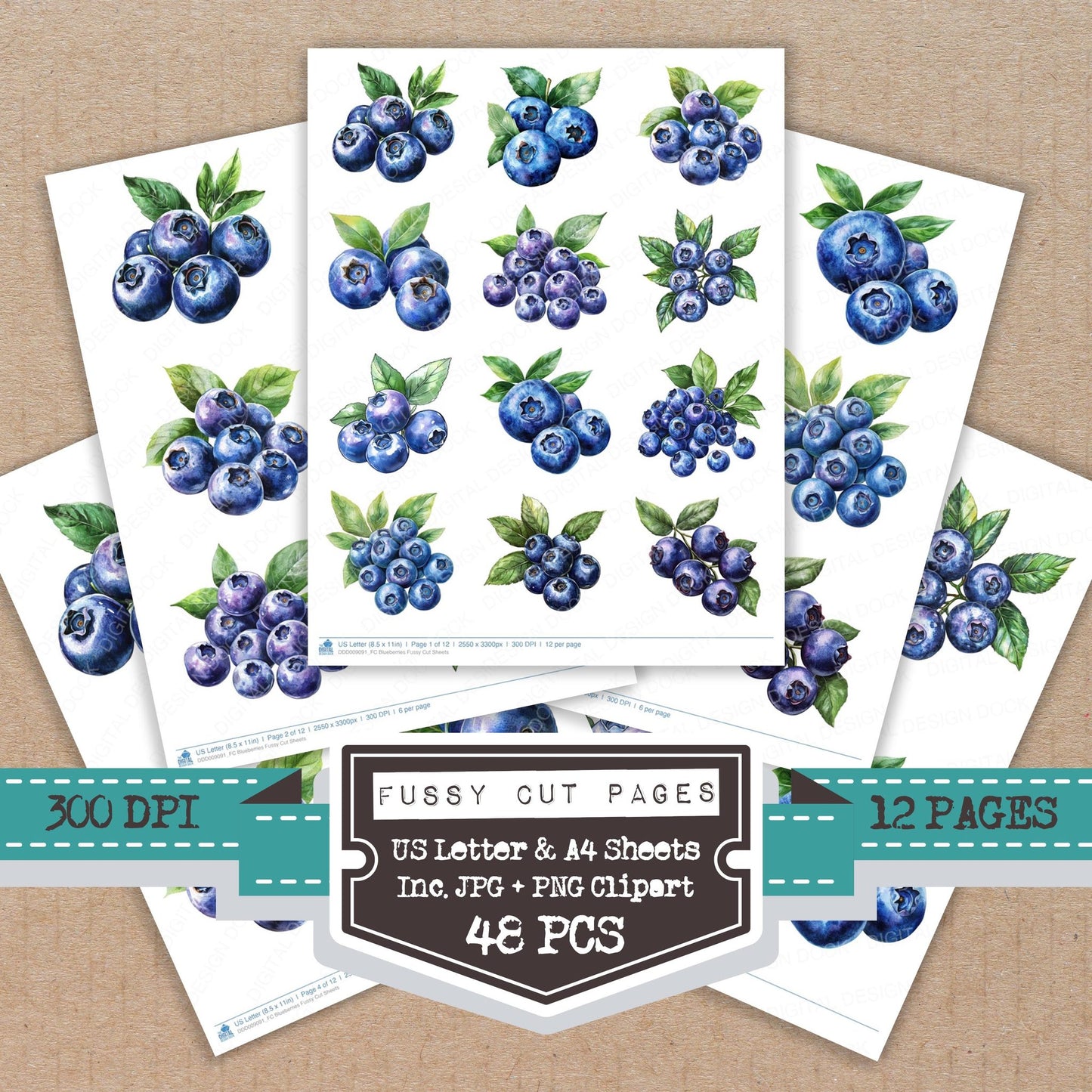 Blueberries fussy cut printable sheets for junk journaling, scrapbooking, and paper craft projects