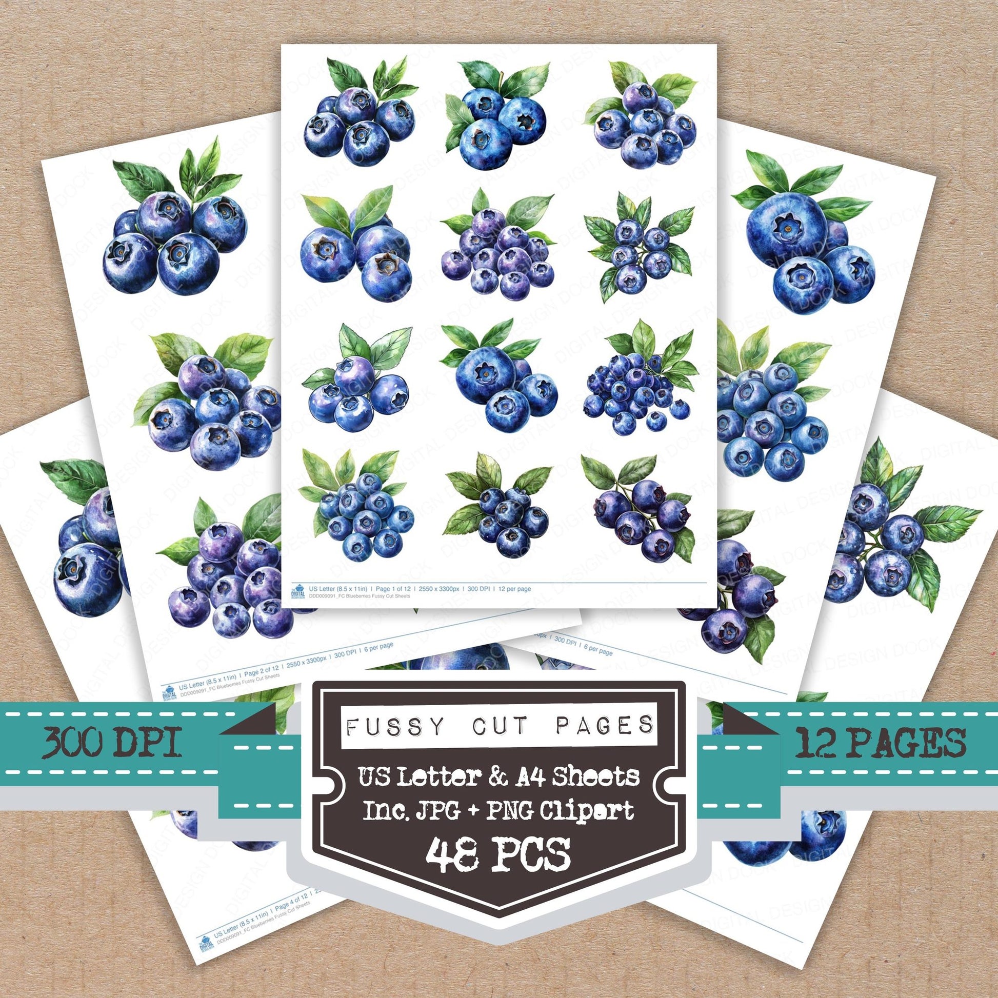 Blueberries fussy cut printable sheets for junk journaling, scrapbooking, and paper craft projects