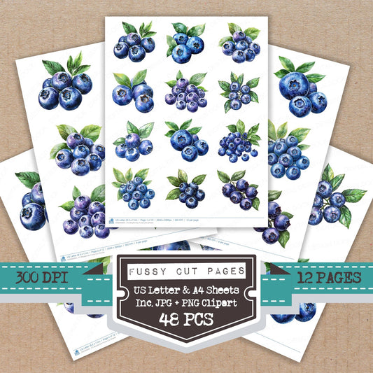 Blueberries fussy cut printable sheets for junk journaling, scrapbooking, and paper craft projects